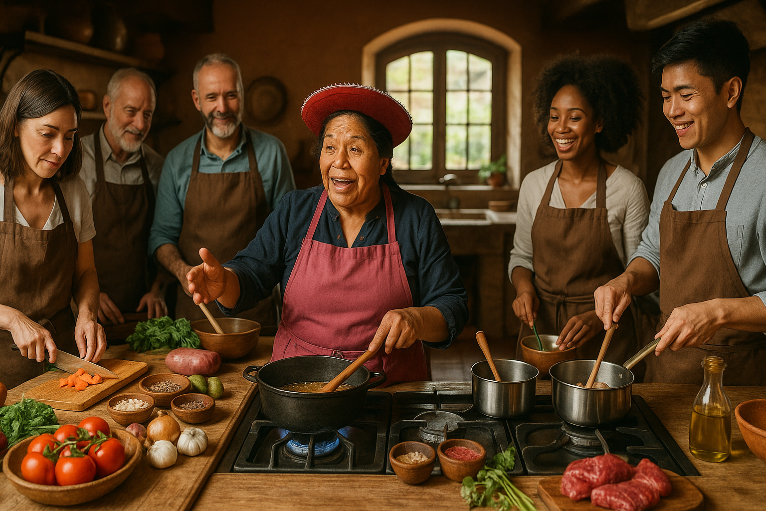 señora de cusco enseñando a visitantes preparación de comidas de la gastronomía peruana en un ambiente cálido y acogedor.