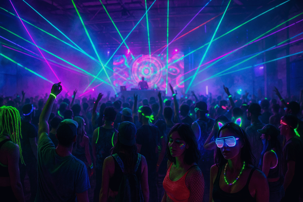 fiesta-rave-wiratrips-cebonce-create fiesta rave en un deposito con gente vistiendo artículos con luces leds, un dj y juego de luces de fondo