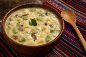 plato de capchi de habas sobre un mantel cusqueño
