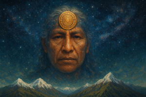 imagen artística y simbólica que represente al **Dios Wiracocha**, padre absoluto de todo lo que se conoce, figura primordial y padre de todos los dioses de la cosmovisión Inca. En un plano general del hanan pacha (el mundo de arriba) de fondo muestra la inmensidad del cosmos. En la parte central se muestra un rostro con rasgos andinos de una persona adulta, el cabello con ciertas canas, con una mascapaycha de oro en su frente, mezclando todo el rostro con el fondo celestial. En la zona baja de la imagen muestra montañas con las puntas nevadas
