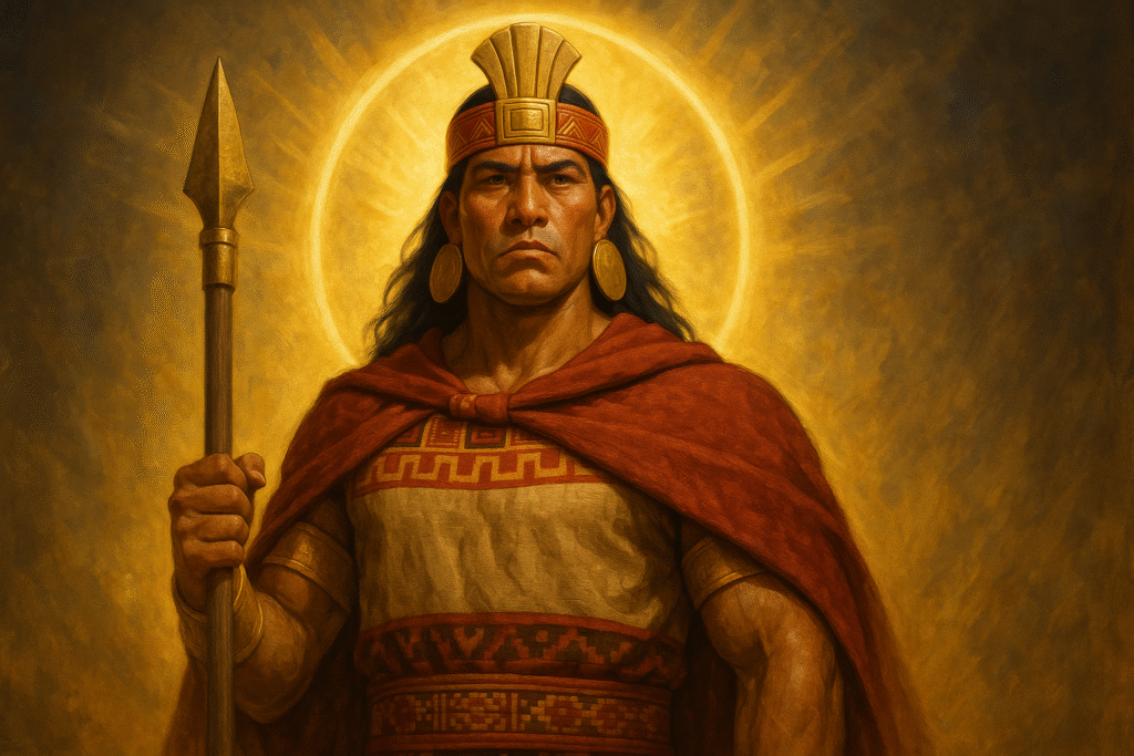 dios-inca-wiratrips-cebonce-create strong Andean man with Inca clothing, with an aura around him in 16:9 format, created by cebonce for wiratrips