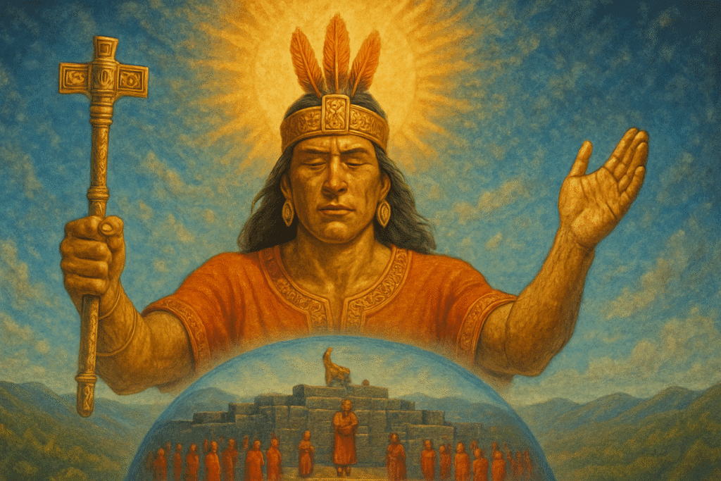 representación generado por IA del dios sol o Inti, desde el plano del hanan pacha visualizando la celebración de Inti Raymi hecho en el kay pacha