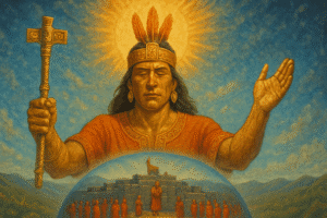 representación generado por IA del dios sol o Inti, desde el plano del hanan pacha visualizando la celebración de Inti Raymi hecho en el kay pacha