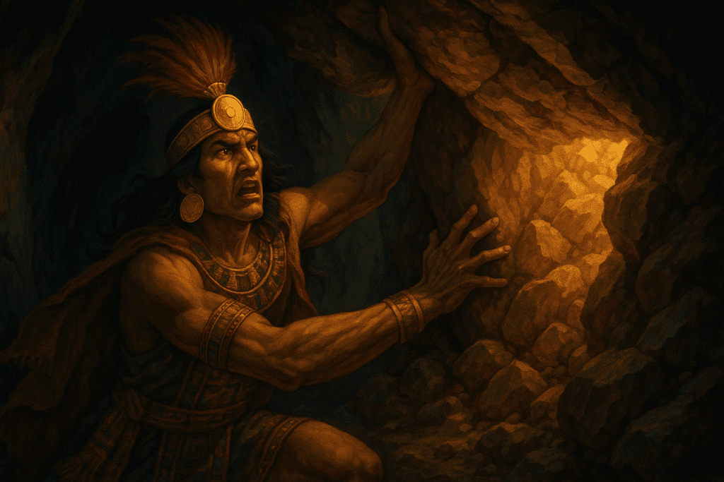 encierro-de-ayar-cachi-wiratrips-cebonce-create imagen artística y simbólica que represente a **Ayar Cachi** uno de los hermanos de la leyenda de Los Hermanos Ayar. Muestra como es en la leyenda un tipo con mucha fuerza, mucha agilidad, vestido con indumentarias incaicas y una mascaipacha de oro en la cabeza. Muéstralo en un plano cerrado dentro de una cueva, donde la entrada a la misma es tapada por un derrumbe de un cerro, tratando de evitar que se cierre la cueva.
