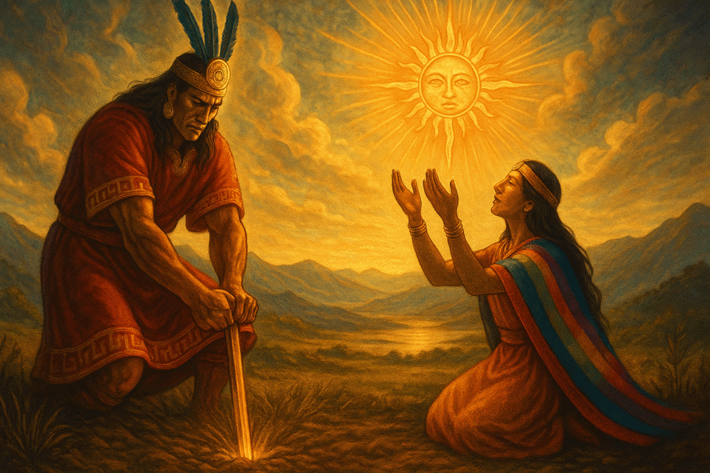 fundacion-qosqo-wiratrips-cebonce-create imagen artística y simbólica que represente a **Manco Cápac** y **Mama Ocllo** los fundadores y gobernantes de lo que sería luego el Tahuantinsuyo. Muéstralos en un gran plano general como su relato los representa cuando llegaron al lugar donde la barreta de oro se hundió para fundar lo que sería el Qosqo. Manco Cápac viste una prenda incaica color rojo y en los bordes formas incas como la chakana, con una mascapaycha de oro y tres plumas, con ambas manos sosteniendo con fuerza una barreta de oro mientras esta se hunde en la tierra. Mama Ocllo que lleve una mascaipacha de oro delgada, prendas incaicas de color naranja y una lliqlla de colores de la bandera del Tahuantinsuyo, arrodillándose y agradeciendo al cielo. En el fondo el Sol brillando con fuerza iluminando todo el lugar.