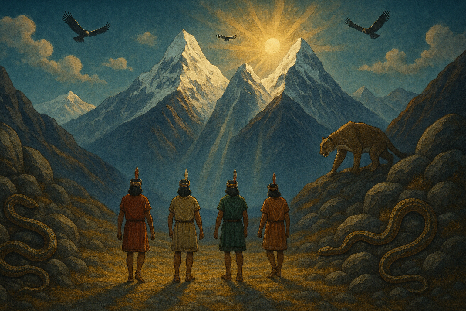imagen artísitca y simbólica que represente a **los hermanos ayar**, personajes centrales en una leyenda inca que narra la fundación del Cusco y el Imperio Inca (Tahuantinsuyo). En un Gran Plano General mostrando alrededores una cordillera andina majestuosa con montañas nevadas, iluminadas por el sol andino. Agrega elementos como cóndores volando en lo alto, rayos de luz descendiendo desde el cielo, un puma bajando estas cordilleras y serpientes deslizándose alrededor de piedras. En la zona de la base incluye a los hermanos ayar (Ayar Manco, Ayar Auca, Ayar Uchu y Ayar Manco) vestidos con indumentarias incas, caminando en dirección a las montañas.