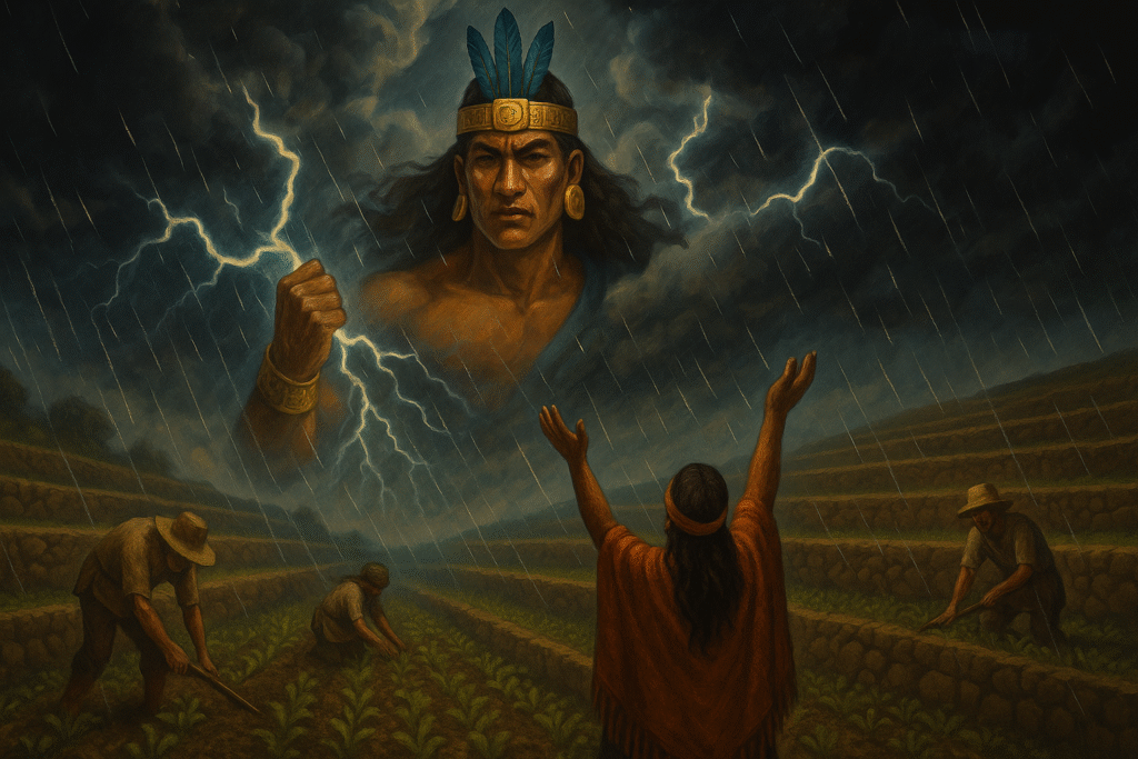 Imagen artística y simbólica que represente a **Illapa** Dios del trueno y las lluvias. En un plano general en unos andenes (estructuras grandes con forma de escalera donde sembraba y cultivaban productos andinos) con personas cultivando y una mirando al cielo agradeciendo y de espaldas al espectador. El Dios Illapa sale en el cielo, como una deidad con rayos a su alrededor y nubes que lo cubran, con brazaletes de oro y una maskaypacha de oro en la cabeza con tres plumas azules.