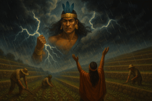Imagen artística y simbólica que represente a **Illapa** Dios del trueno y las lluvias. En un plano general en unos andenes (estructuras grandes con forma de escalera donde sembraba y cultivaban productos andinos) con personas cultivando y una mirando al cielo agradeciendo y de espaldas al espectador. El Dios Illapa sale en el cielo, como una deidad con rayos a su alrededor y nubes que lo cubran, con brazaletes de oro y una maskaypacha de oro en la cabeza con tres plumas azules.