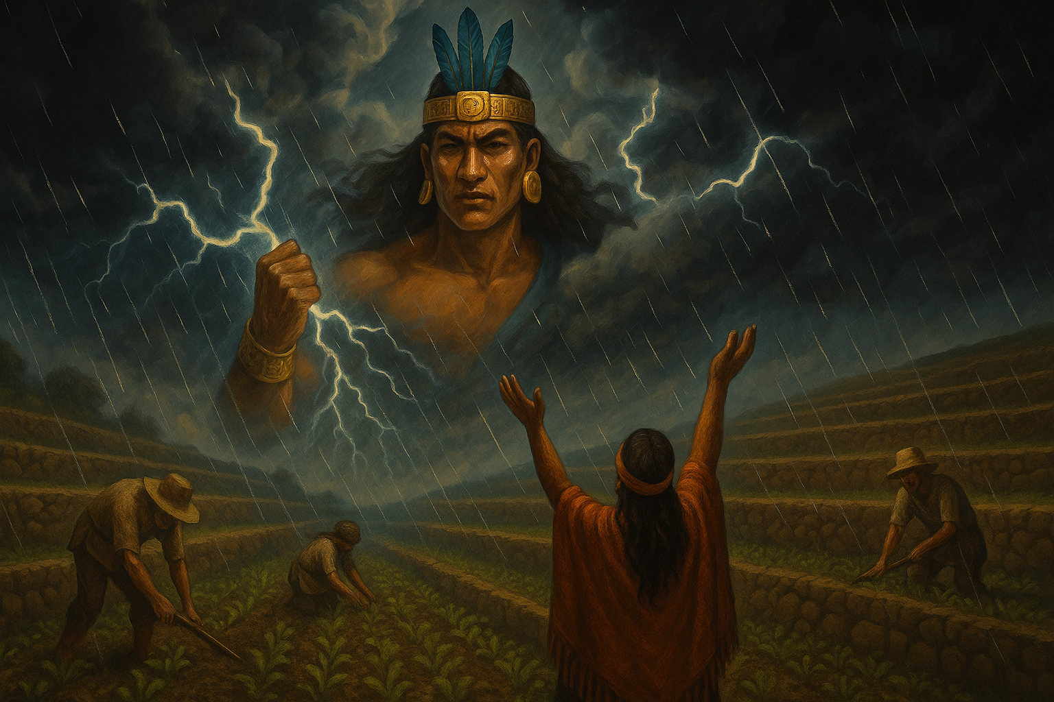 Imagen artística y simbólica que represente a **Illapa** Dios del trueno y las lluvias. En un plano general en unos andenes (estructuras grandes con forma de escalera donde sembraba y cultivaban productos andinos) con personas cultivando y una mirando al cielo agradeciendo y de espaldas al espectador. El Dios Illapa sale en el cielo, como una deidad con rayos a su alrededor y nubes que lo cubran, con brazaletes de oro y una maskaypacha de oro en la cabeza con tres plumas azules.