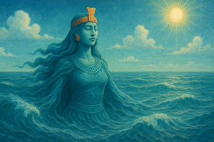 imagen artística y simbólica que represente a **Mama Cocha** madre de las aguas o diosa de mar. En un plano general del mar formando la silueta de la diosa con leves mareas a su alrededor, la diosa tiene una mascaypacha delgada en la cabeza con el cuerpo mezclado con el mar. En la parte superior el cielo azul con algunas nubes y el sol brillando en una esquina.