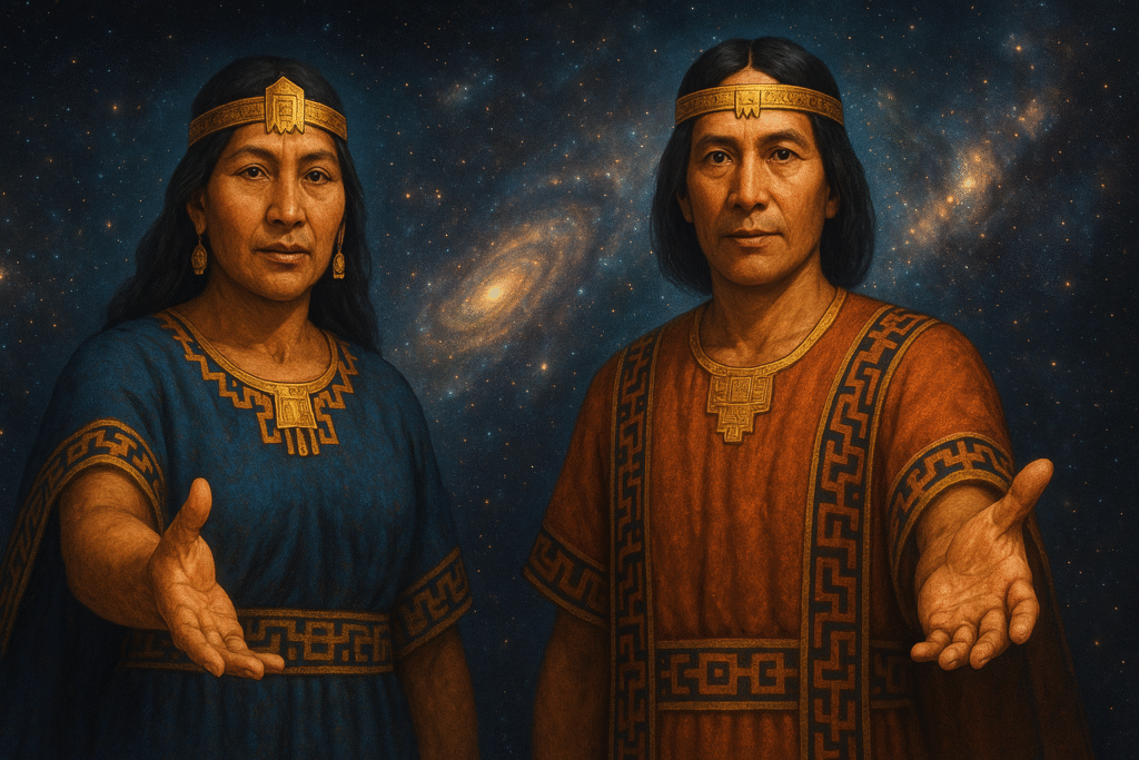 mama-cocha-y-wiracocha-wiratrips-cebonce-create imagen artística y simbólica que represente a **Mama Cocha y Wiracocha** deidades supremas de la cosmovisión andina, padres de todo el imperio incaico. En un plano general en el hanan pacha. Mama Cocha (mujer) y Wiracocha (varón) con indumentarias incaicas en sus bordes agrega el patrón de la chakana, con una mascaypacha de oro delgada en la cabeza de cada uno. El fondo es la inmensidad del cosmos, con galaxias y polvo estelar.