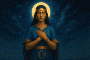 imagen artística y simbólica que represente a la **Diosa Killa**, una de las diosas más representativas de la cultura inca. Era considerada la madre protectora de las mujeres y patrona del calendario lunar, fundamental para las labores agrícolas y las festividades religiosas. En un Plano general en el hanan pacha muestra a la Diosa Quilla con una Mascapaicha de oro delgada. Con una vestimenta incaica de color azul con detalles en los bordes como la chacana Con ambos brazos tocando el pecho. De fondo a lo lejos la parte central muestra la inmensidad del cosmos