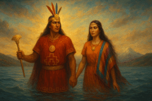 imagen artísitica y simbólica que represente a **Manco Capac** y **Mama Ocllo** los fundandores y gobernantes de lo que sería luego el Tahuantinsuyo. Muestralos como su relato los representa, saliendo ambos del lago titicaca. Manco Capac viste una prenda incaica color rojo y en los bordes formas incas como la chakana, con una mascaipacha de oro y tres plumas, en su mano derecha una barreta de oro y con la otra sosteniendo a Mama Ocllo de su mano. Mama Ocllo que lleve una mascaipacha de oro delgada, prendas incaicas de color naranja y una lliqlla de colores de la bandera del tahuantinsuyo.