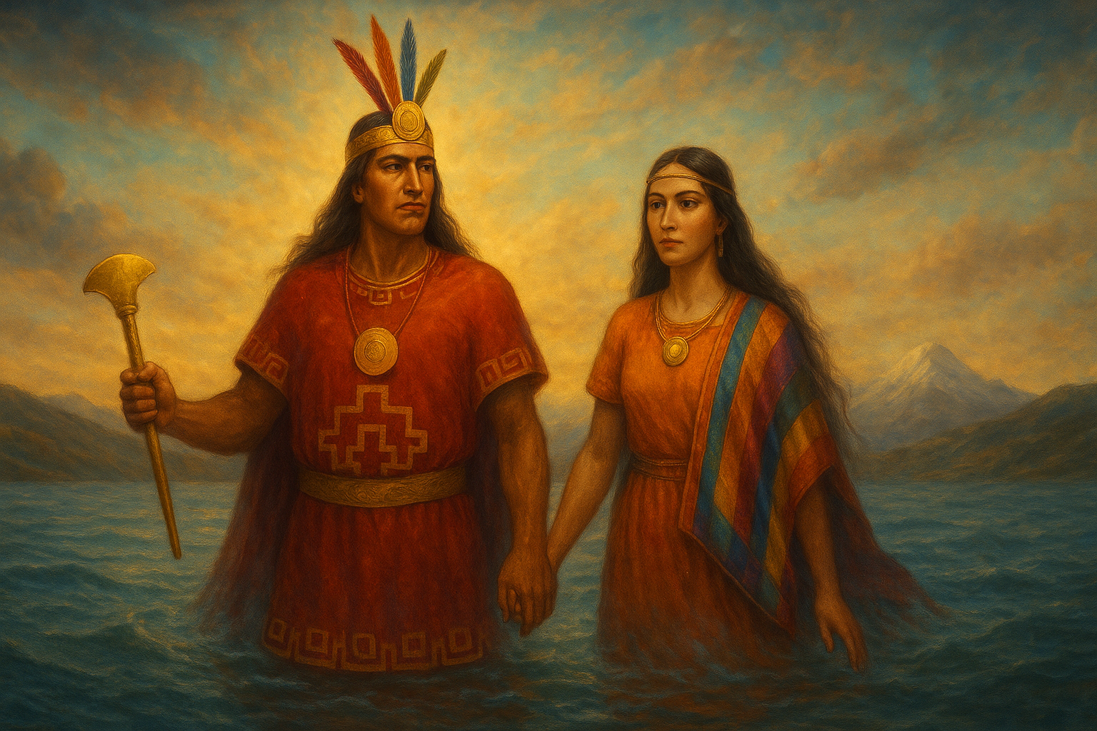 imagen artísitica y simbólica que represente a **Manco Capac** y **Mama Ocllo** los fundandores y gobernantes de lo que sería luego el Tahuantinsuyo. Muestralos como su relato los representa, saliendo ambos del lago titicaca. Manco Capac viste una prenda incaica color rojo y en los bordes formas incas como la chakana, con una mascaipacha de oro y tres plumas, en su mano derecha una barreta de oro y con la otra sosteniendo a Mama Ocllo de su mano. Mama Ocllo que lleve una mascaipacha de oro delgada, prendas incaicas de color naranja y una lliqlla de colores de la bandera del tahuantinsuyo.