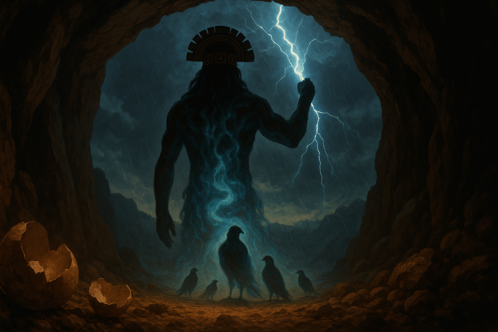nacimiento-de-pariacaca-wiratrips-cebonce-create imagen que represente a **Pariacaca (Illapa)** Dios del Trueno y las lluvias. En un plano cerrado a contraluz en una cueva, en la parte más cercana al espectador unas cascarás rotas y al fondo se vea la entrada de la cueva con cinco halcones en el suelo mezclándose como sustancias tomando forma humana de espaldas al espectador viéndose pequeño porque esta al fondo de la imagen.