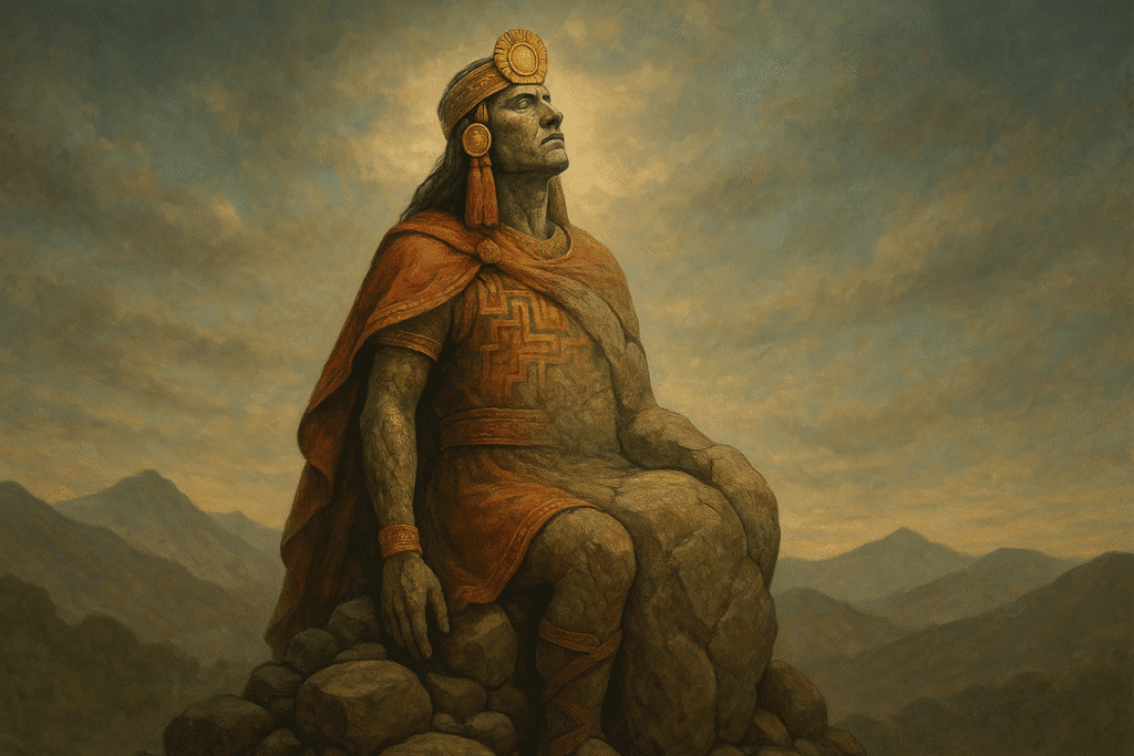 petrificacion-de-ayar-uchu-wiratrips-cebonce-create imagen artística y simbólica que represente a **Ayar Uchu** uno de los hermanos de la leyenda de Los Hermanos Ayar. Mostrado como es en la leyenda, vestido con indumentarias incaicas y una mascaipacha de oro en la cabeza. Muéstralo en un plano abierto sobre un montículo de piedras mientras el lentamente se vuelve una gran roca aceptando su destino con la frente en alto.