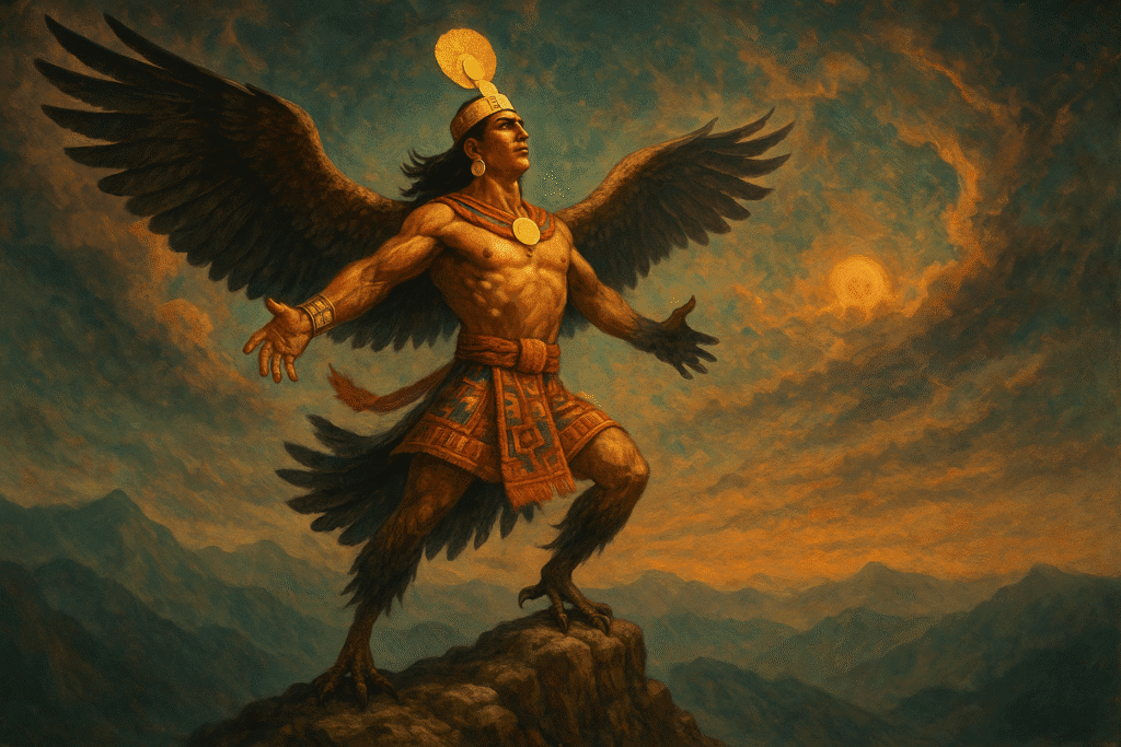 transformacion-de-ayar-auca-wiratrips-cebonce-create Imagen artística y simbólica que represente a **Ayar Auca** uno de los hermanos de la leyenda de Los Hermanos Ayar. Muestra como es en la leyenda un tipo con mucha fuerza, mucha agilidad, vestido con indumentarias incaicas y una mascaipacha de oro en la cabeza. Mostrado en un gran plano general en la cima de un cerro, elevándose poco a poco mientras su cuerpo se transforma en un cóndor.