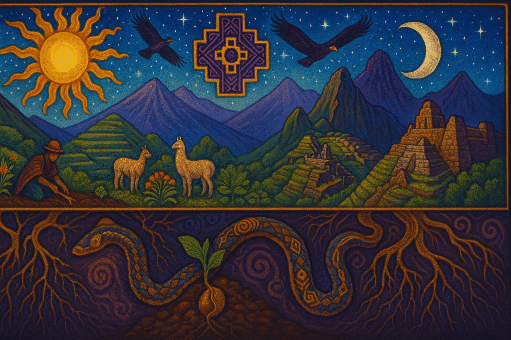 imagen representativa de los tres mundo andinos, hanan pacha, kay pacha y uku pacha