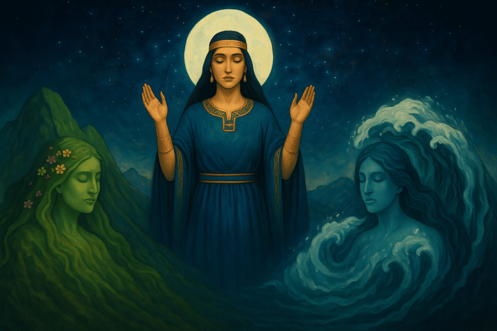 trinidad-lunar-wiratrips-cebonce-create imagen artística y simbólica que represente a la **Trinidad Lunar**, una concepción donde la unión de tres deidades representaban los tres espacios donde la luna ejerce su poder. En un Plano general se ve a la Diosa Quilla en la zona superior de la imagen con una Mascapaicha de oro delgada en el hanan pacha (el mundo de arriba). Con una vestimenta incaica de color azul con detalles en los bordes como la chacana. En el lado izquierdo muestra a la Pachamama fusionada con las montañas, con un color verde y flores en su cabellera larga. En el aldo derecho muestra a Mama choco fusionada con el mar, rodeada de oleajes. De fondo a lo lejos la parte central muestra la inmensidad del cosmos.