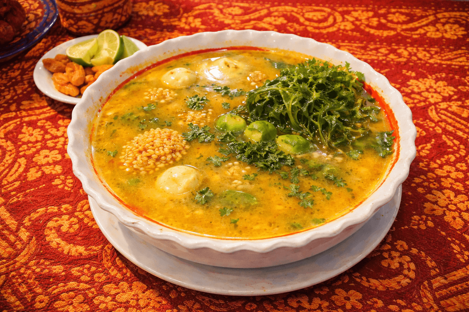 Chupe de peras cusqueño servido en un plato de madera sobre una mesa con un mantel