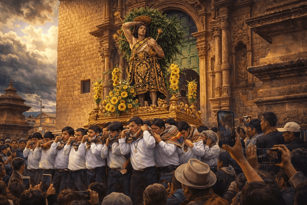 imagen representativa/ilustrativa de la procesión del Patrón San Sebastián en la ciudad del cusco