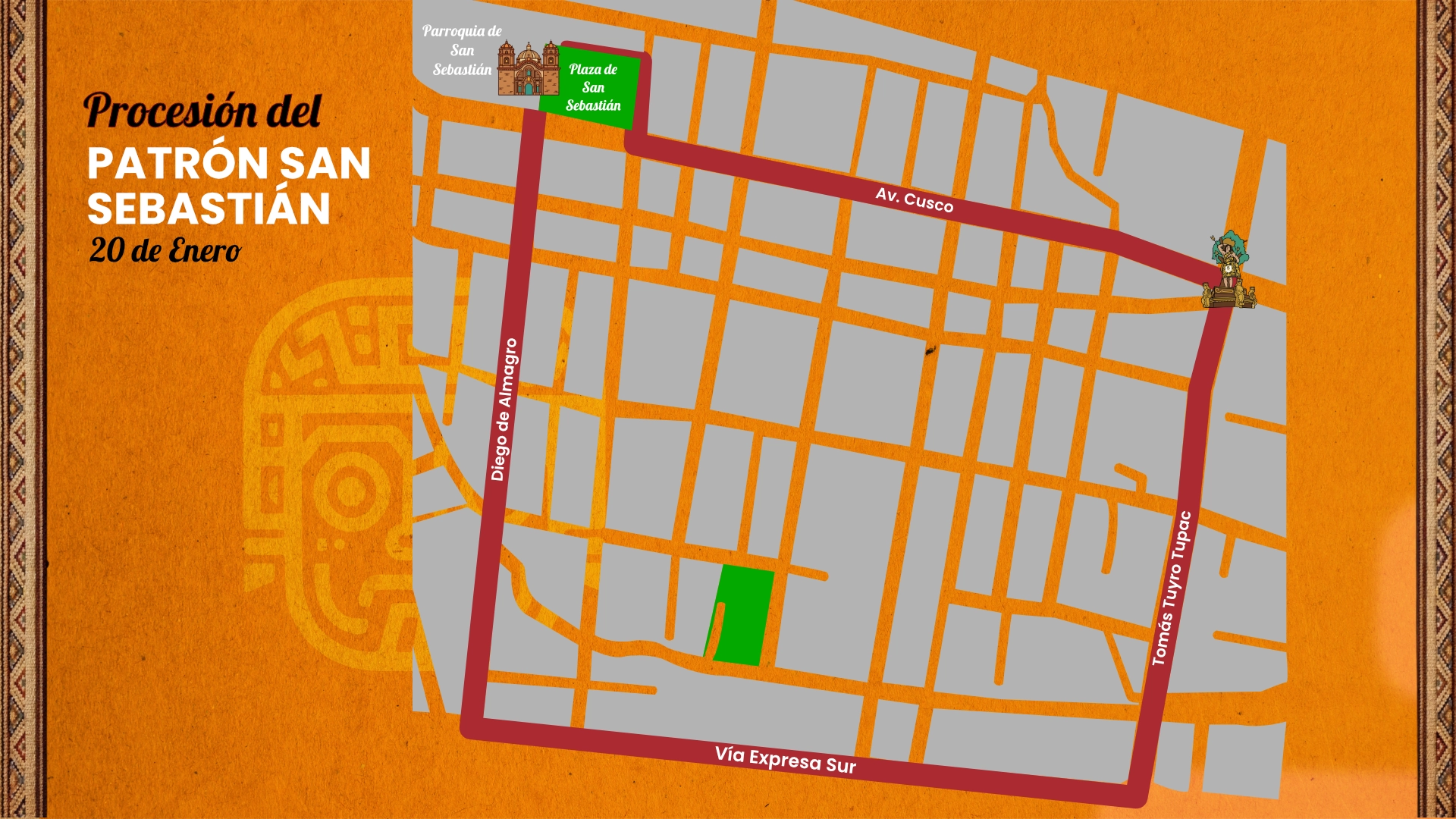 ruta procesión de san sebastián en el distrio de san sebastián, cusco, perú. Festividad patronal de san sebastián ruta, plaza de san sebastián, parroquia de san sebastián, av. cusco. patrón san sebastián