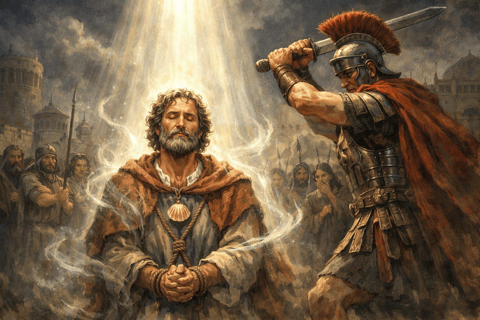 santiago-el-mayor-ejecucion-wiratrips-cebonce-create Martirio de Santiago el Mayor, momento de su ejecución a manos de un soldado.