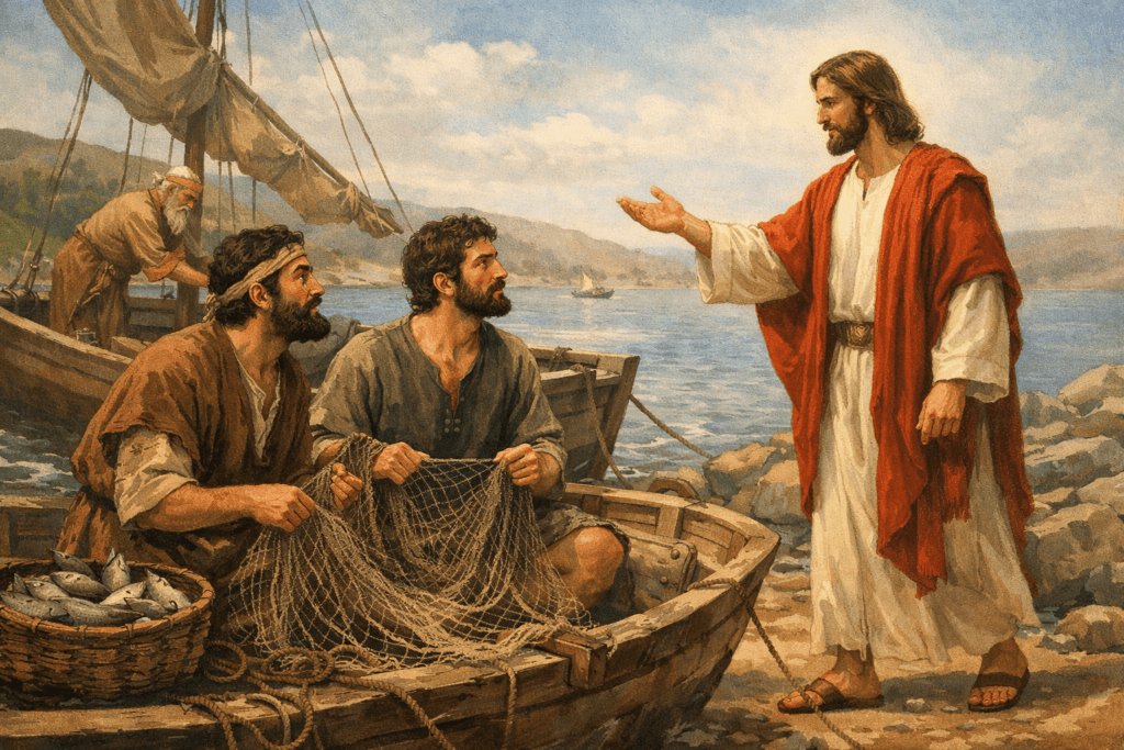 santiago-y-juan-pescando-jesus Santiago el mayor y juan siendo llamado por Jesús para ser sus discípulos.