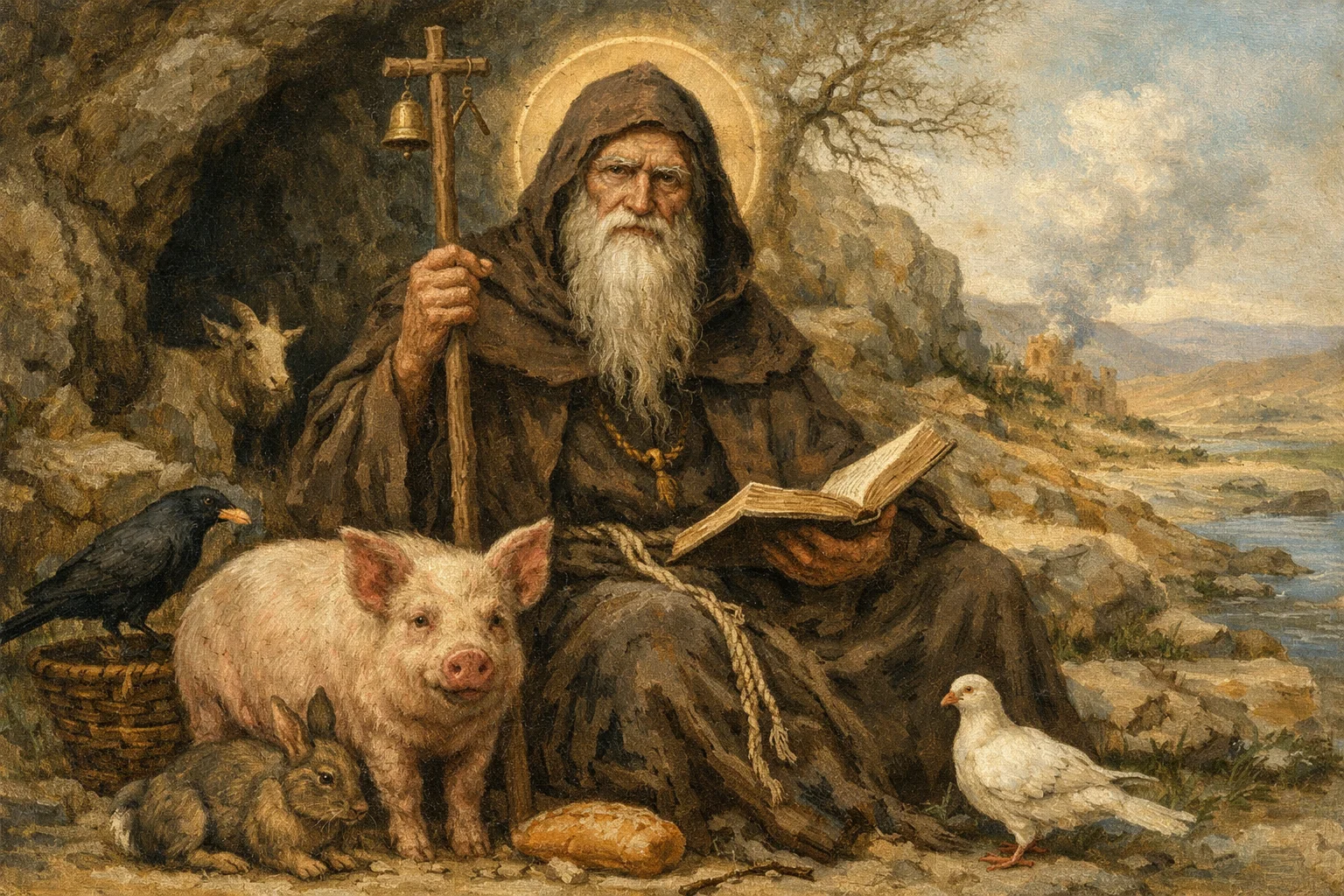 San antonio abad junto a un cerdo, un conejo, una paloma, un cuervo, una cabra en su vida de ermitaño