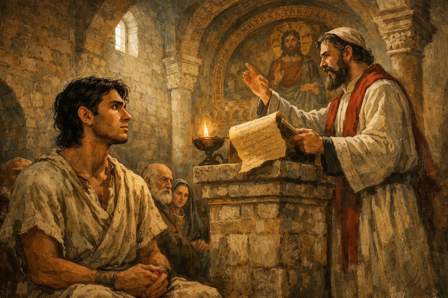 san antonio abad de joven escuchando el evangelio de cristo