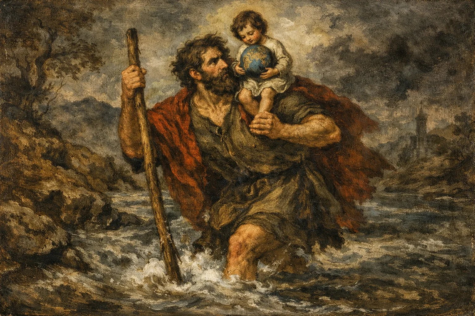 san cristobal ayudando a cruzar a un niño quien lleva en sus manos el peso del mundo entero