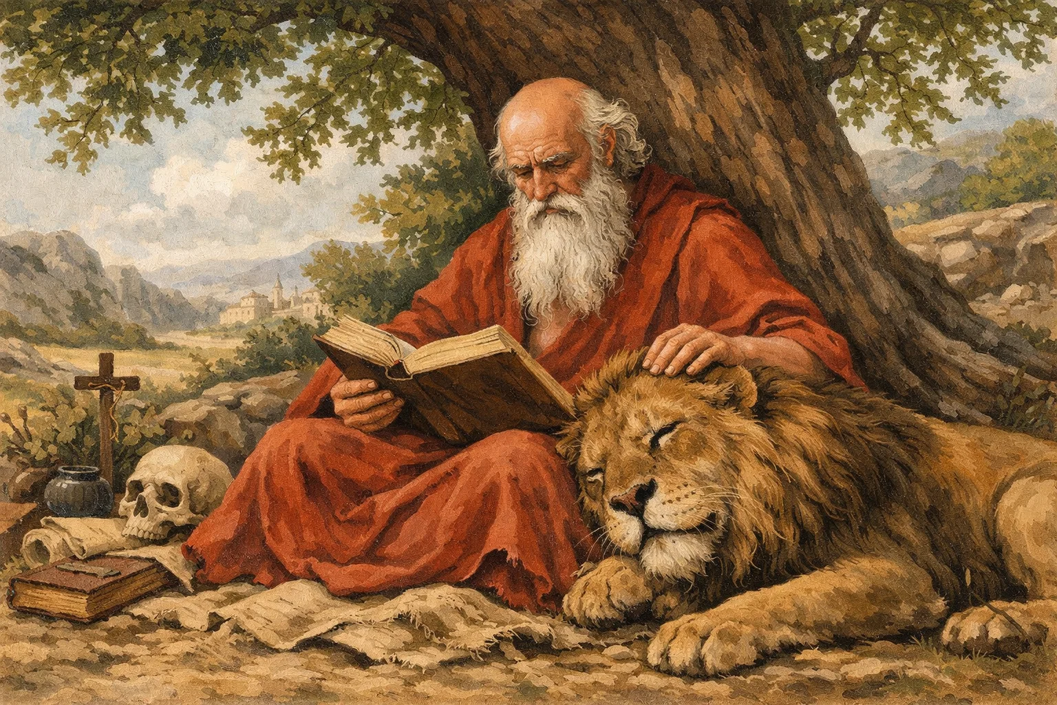 san jerónimo junto a un león representación de como llegó a domar a está fiera