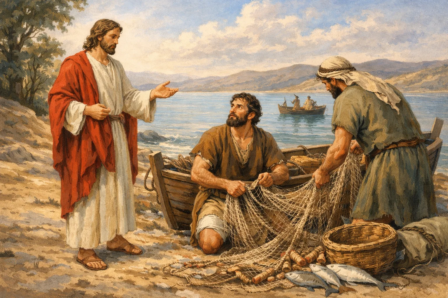 san-pedro-pescador-wiratrips imagen que representa a Pedro siendo escogido como discipulo por Jesús mientras hacia trabajos de pescador