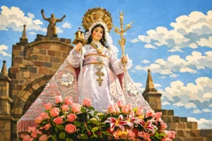 Imagen representativa de santa bárbara con la escultura hecha para el cusco