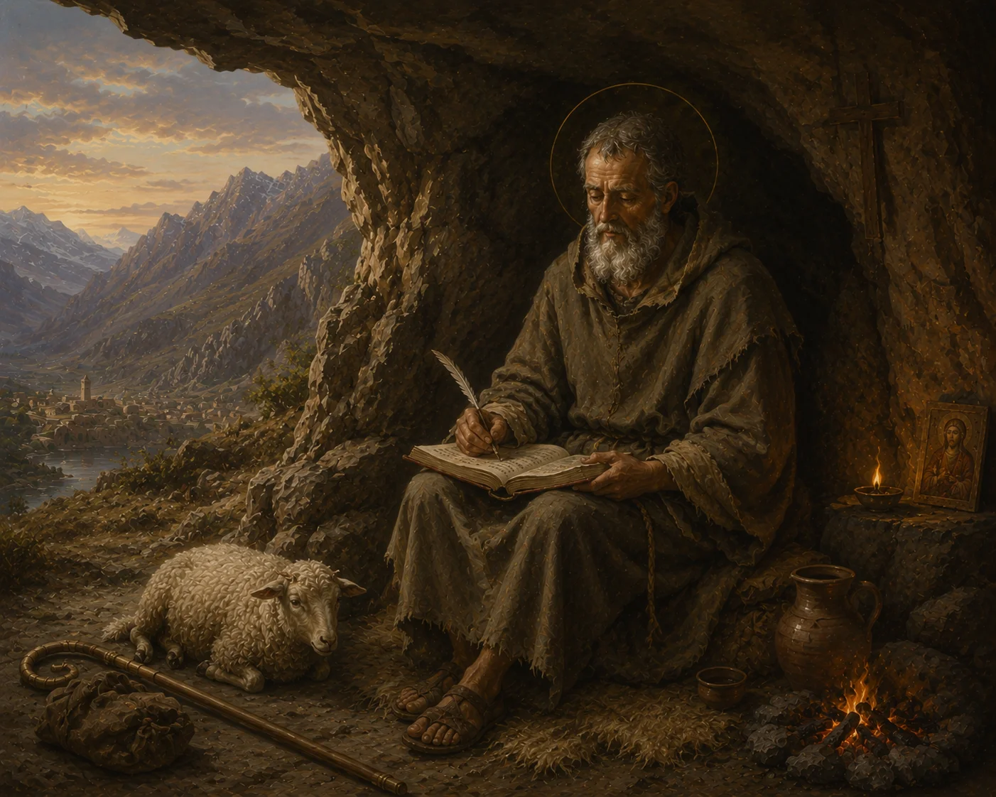 Imagen representativa de san blas durante su refugio en iuna cueva en las montañes de sebaste por escapar de los romanos
